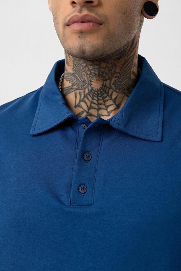 Basic Polo Yaka Oversize Tişört İndigo - 6