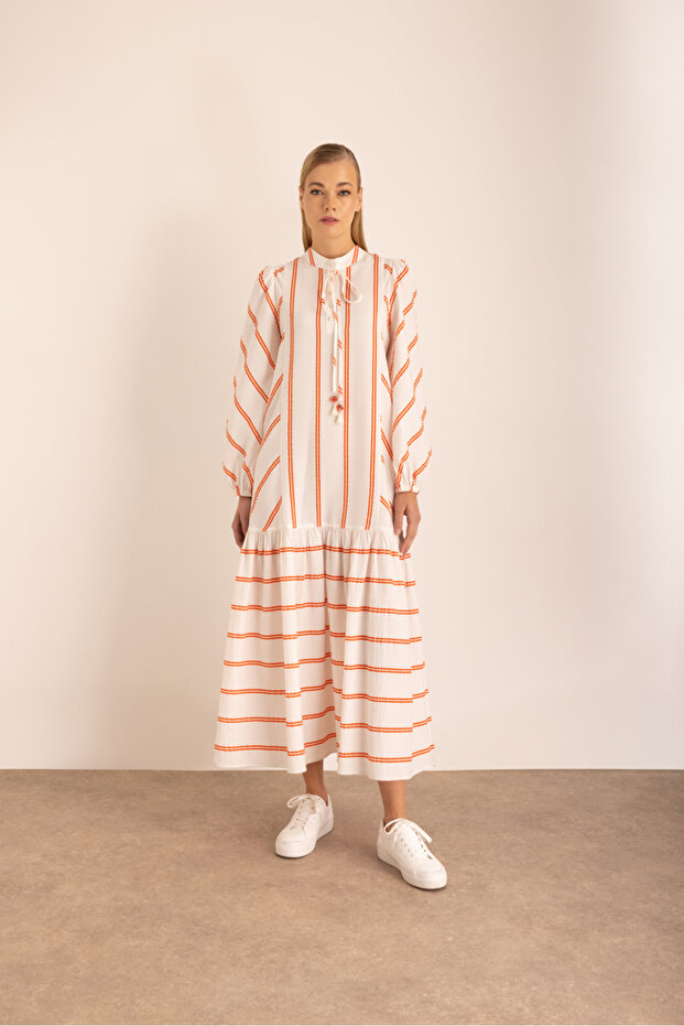 Çizgili Vual Elbise - 6