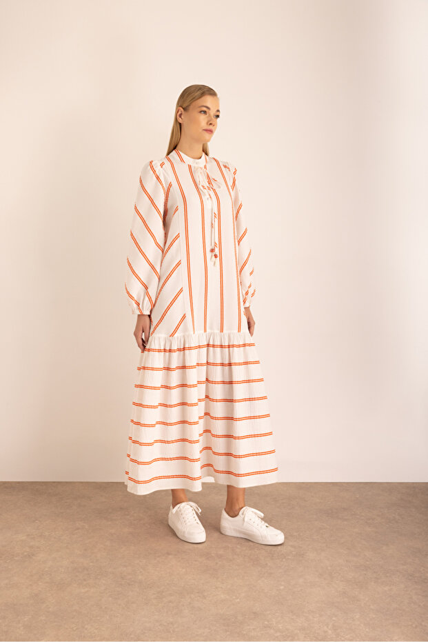 Çizgili Vual Elbise - 5