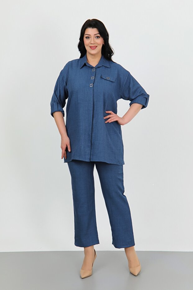 Women's Navy Blue Soft Linen Shirt Pants Large Size Two Piece Set