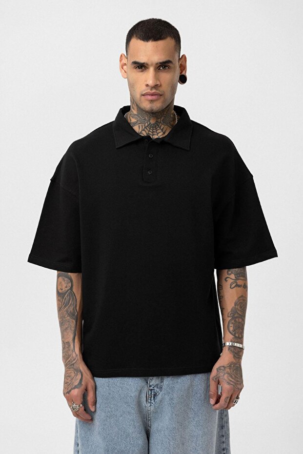 Basic Polo Yaka Oversize Tişört Siyah - 3