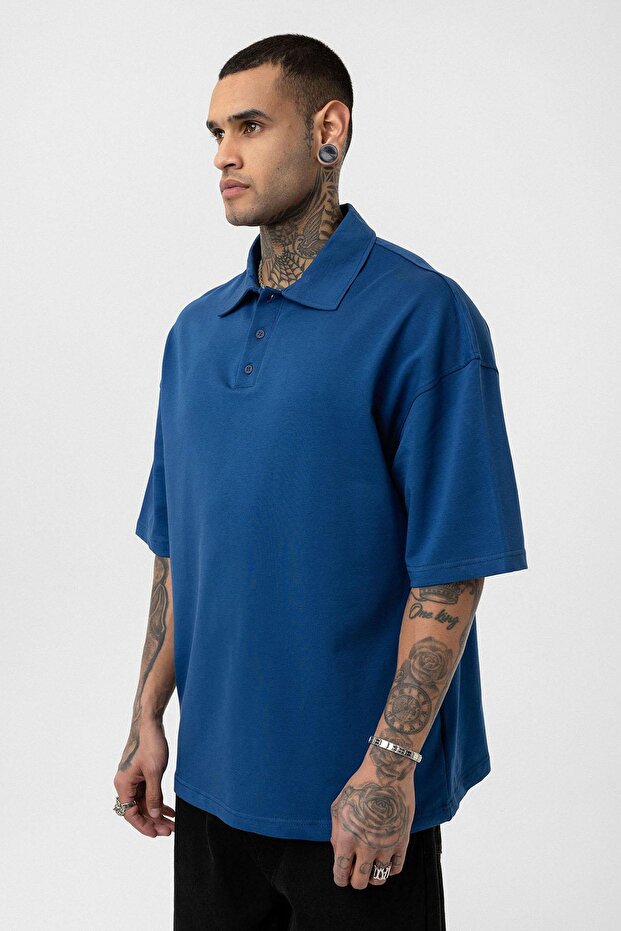 Basic Polo Yaka Oversize Tişört İndigo - 4