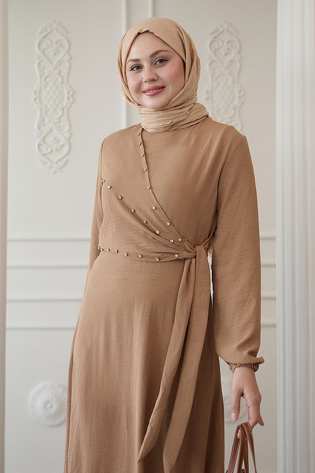 İncili Önü Bağlamalı Camel Ayrobin Elbise - 4