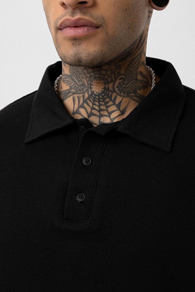 Basic Polo Yaka Oversize Tişört Siyah - 6