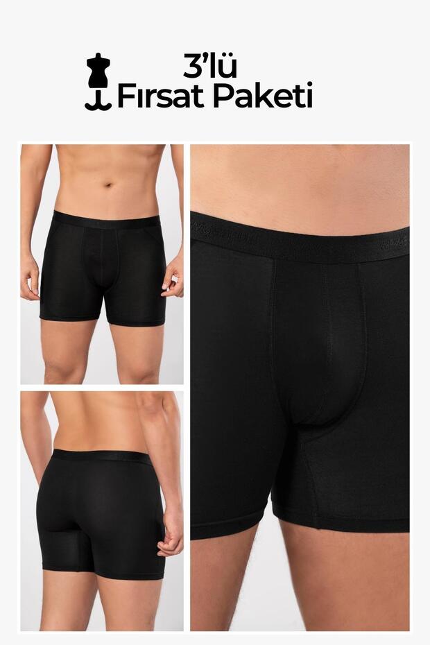 Black 3-Piece Boxed Micro Modal Premium Men's Long Boxer Underwear with Cooling Effect 14193