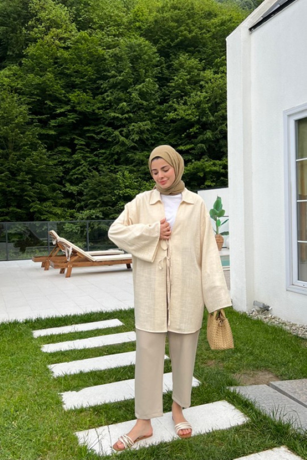 Stone 100% Cotton Linen Kimono Blouse with Lacing Detail