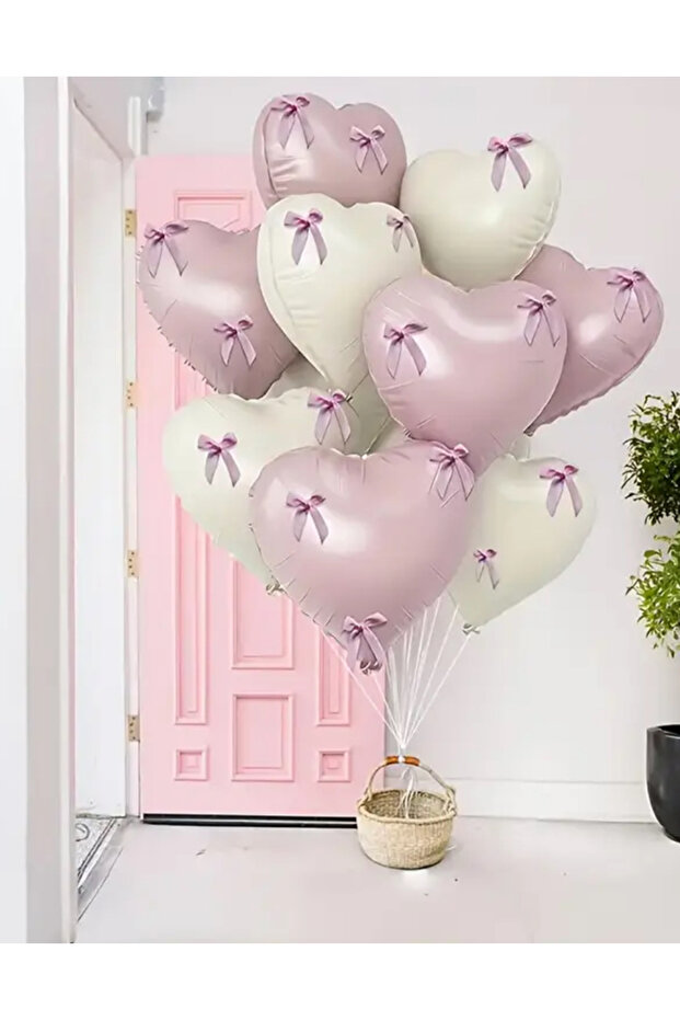 Pink Beige Heart Foil Balloon Set with Bow 10 Pcs