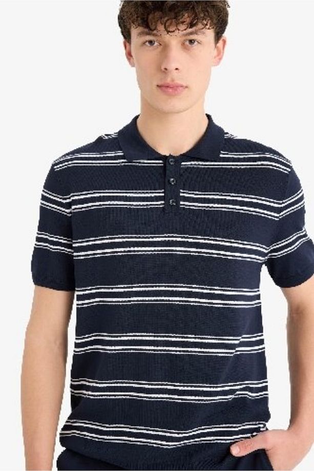 Regular Fit Polo Yaka Çizgili Kısa Kollu Yumuşak Tuşeli Triko Tişört E2665ax25sp - 5