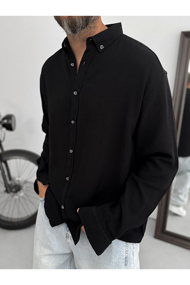 Siyah Yaka Düğmeli Oversize Gömlek G-4863 - 4