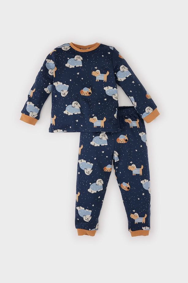 Erkek Bebek Pijama Takımı Bisiklet Yaka Baskılı Uzun Kollu Üst Beli Lastikli Uzun Alt D7156A524WN - 1