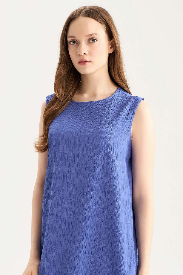 Regular Fit Bisiklet Yaka Basic Düz Gofre Dokulu Kolsuz Midi Elbise E1822ax25sp - 3