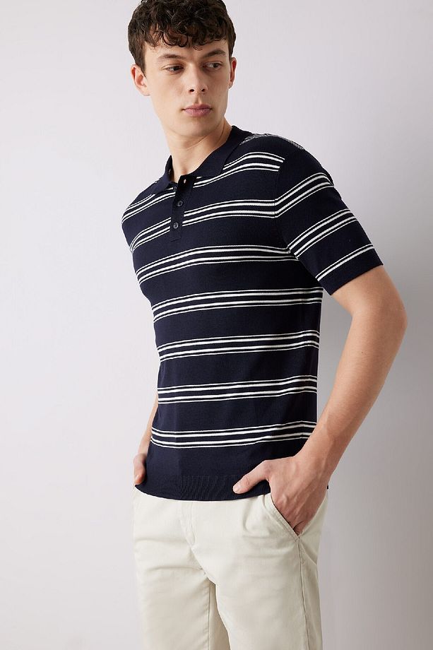 Regular Fit Polo Yaka Çizgili Kısa Kollu Yumuşak Tuşeli Triko Tişört E2665ax25sp - 3
