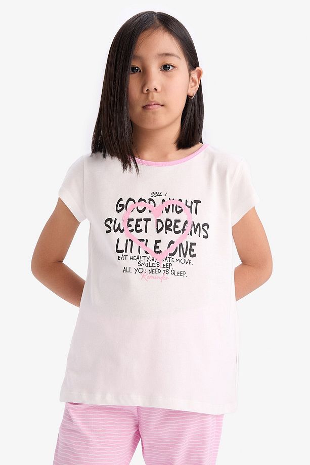 Kız Çocuk Pijama Takımı Baskılı Kısa Kollu Üst Beli Lastikli Uzun Alt E2220A825SM - 4