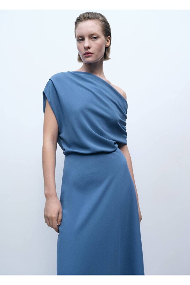 Asimetrik yaka midi elbise - 1