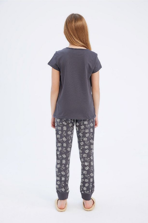 Kız Çocuk Pijama Takımı Bisiklet Yaka Baskılı Kısa Kollu Üst Beli Lastikli Desenli Uzun Alt E2219a82 - 5