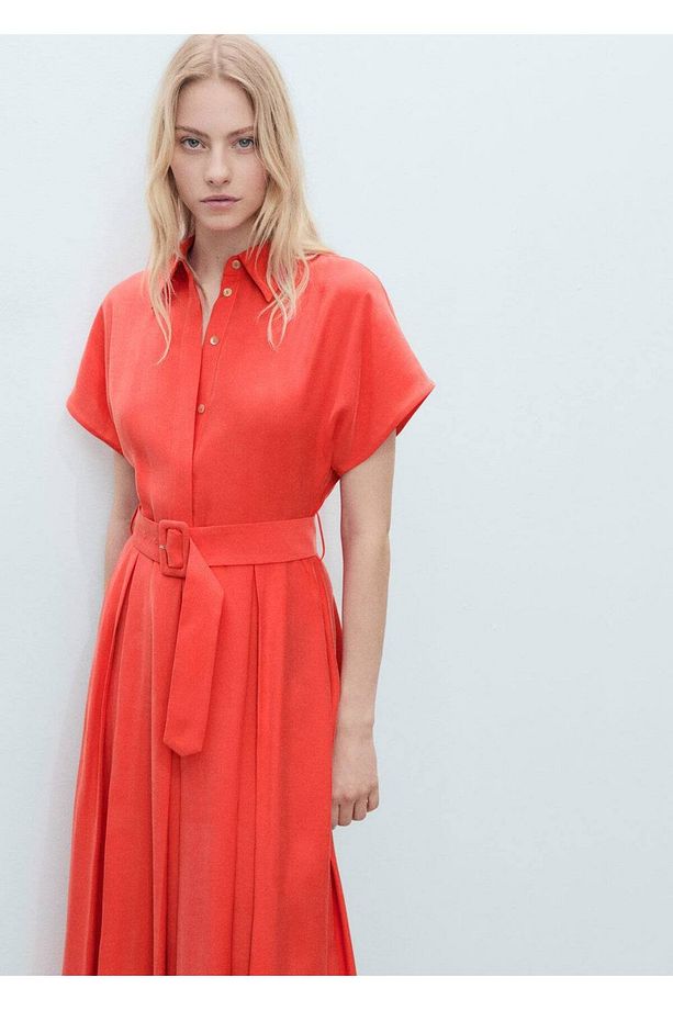 Kemerli flared midi elbise - 1