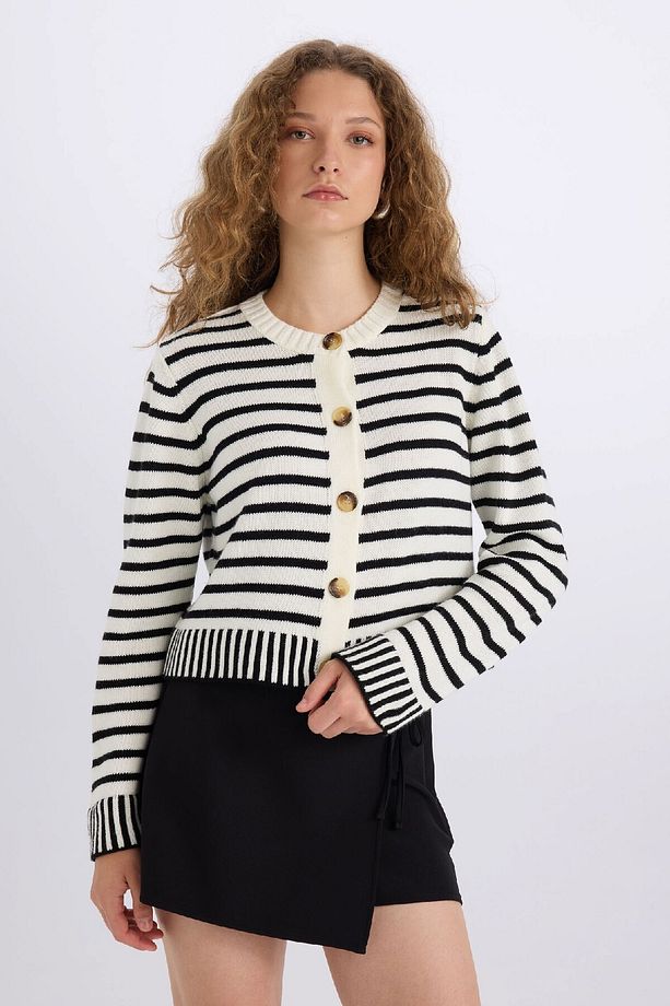 Coool Regular Fit Çizgili Bisiklet Yaka Düğmeli Triko Hırka E2272AX24CW - 4