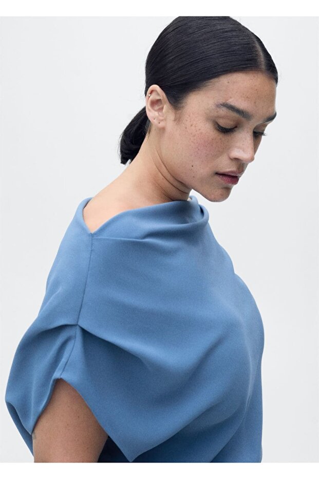 Asimetrik yaka midi elbise - 5