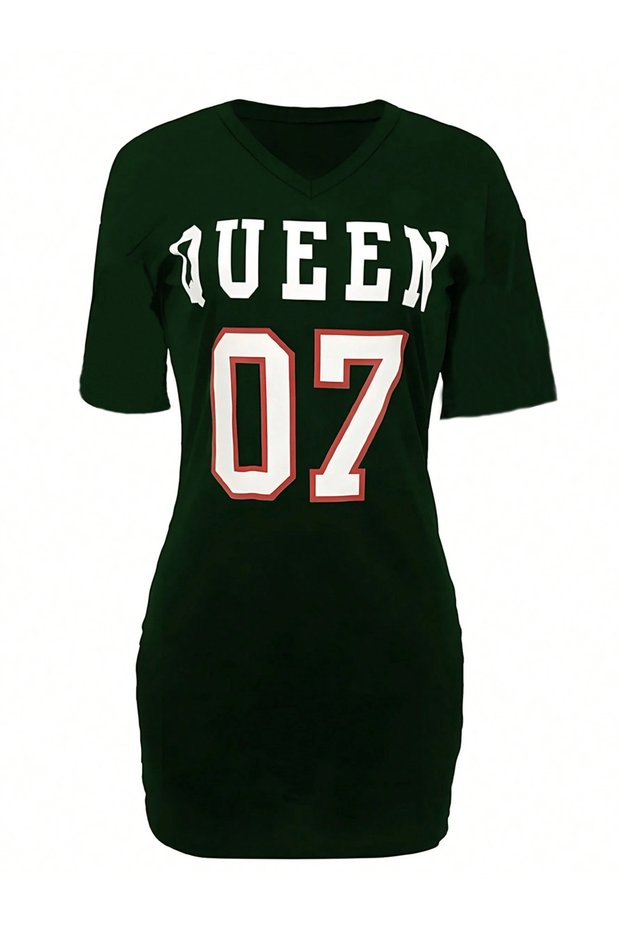 Women's Green Queen 07 Printed V Neck Casual Short Sleeve Midi Length Dress