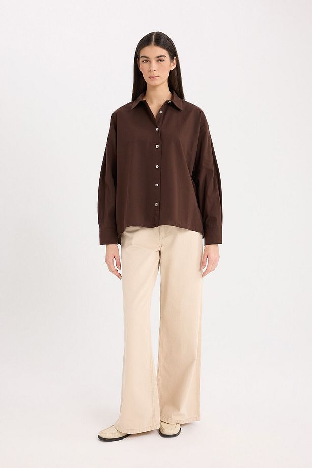 Oversize Geniş Kalıp Poplin Basic Düz Uzun Kollu Gömlek E2677ax24wn - 2