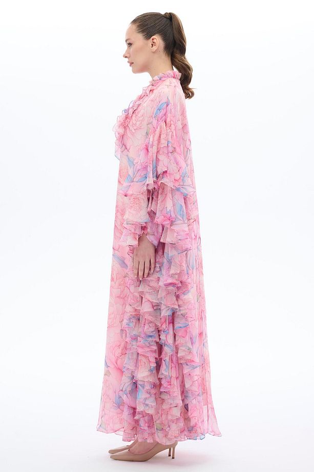KOLLARI FIRFIR DETAYLI KAFTAN ELBİSE Pembe - 4