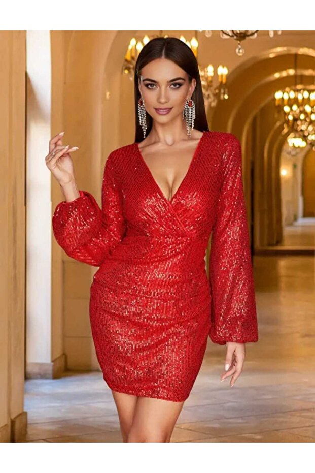 UZUN KOLLU GÖĞÜS DEKOLTELİ PUL PAYET MİNİ ELBİSE - 4