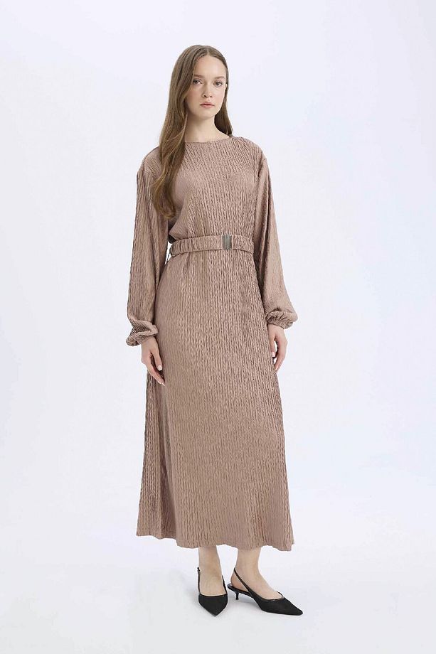 Regular Fit Pilise Uzun Kollu Maxi Tesettür Elbise E1952ax25sp - 3