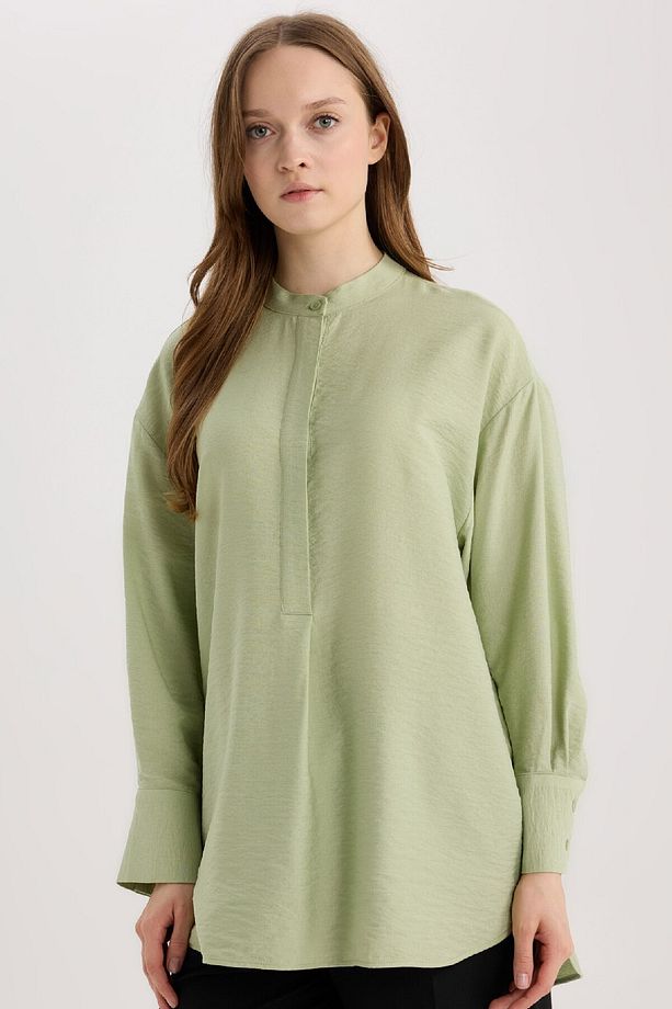 Relax Fit Hakim Yaka Basic Düz Uzun Kollu Gömlek Tunik E1757AX25SP - 4