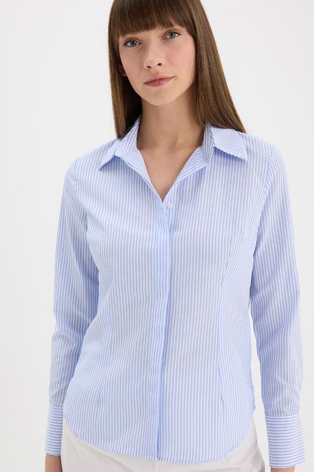Fitted Basic Düz Poplin Uzun Kollu Gömlek D3172AX25SM - 1