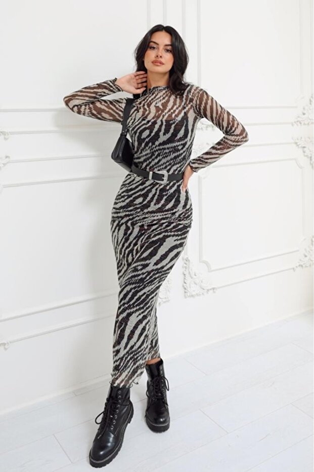 أسود - فستان ببطانة لامعة بنمط الحمار الوحشي - 1