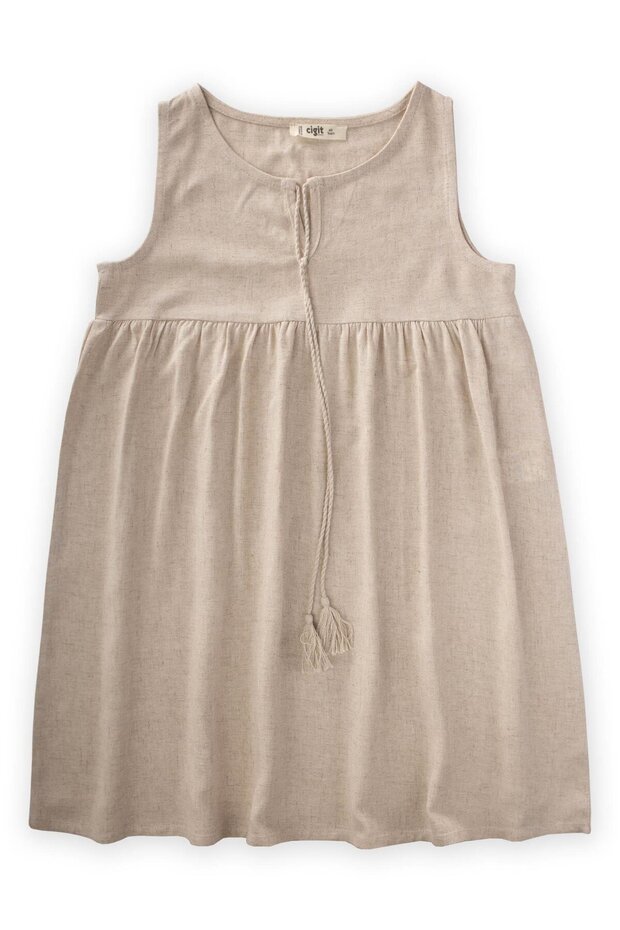 Linen Lace Up Dress 2-6 Years Natural