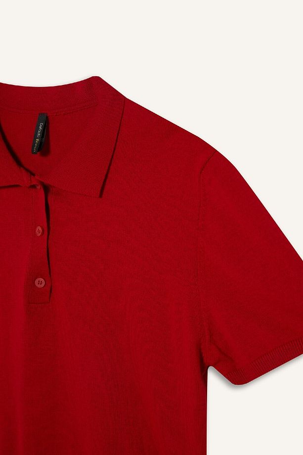 Regular Fit Polo Yaka Basic Düz  Kısa Kollu Kırmızı Triko Kazak E3670AX25SM - 8