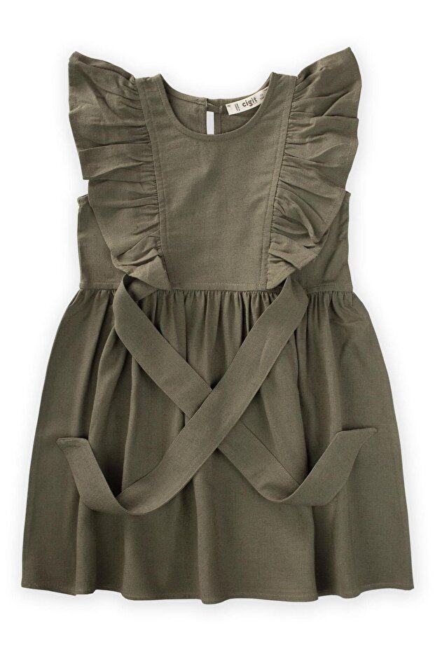 Linen Dress with Lace Sides 2-7 Years Khaki Green
