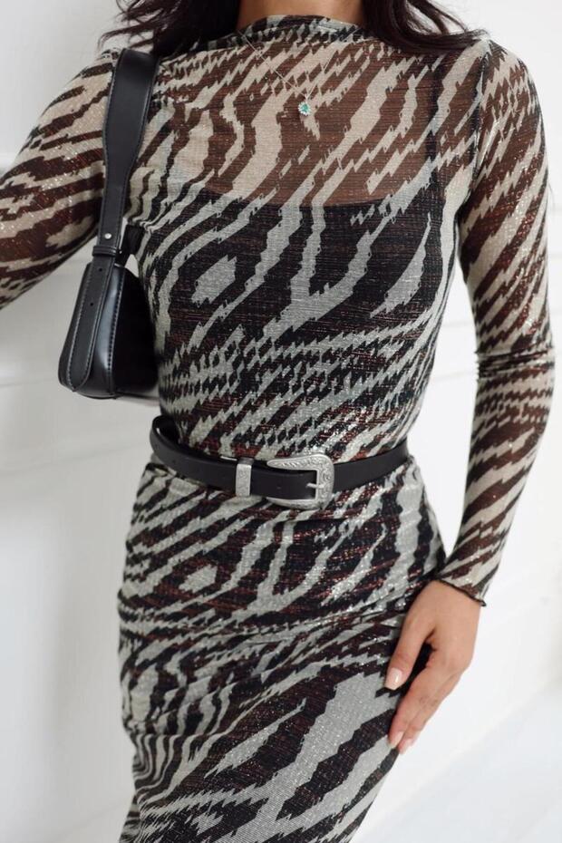 أسود - فستان ببطانة لامعة بنمط الحمار الوحشي - 5