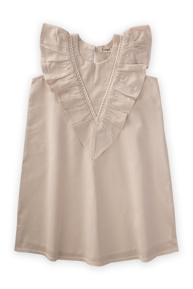 Dress with lace trim at hem and back for ages 2-7 ecru