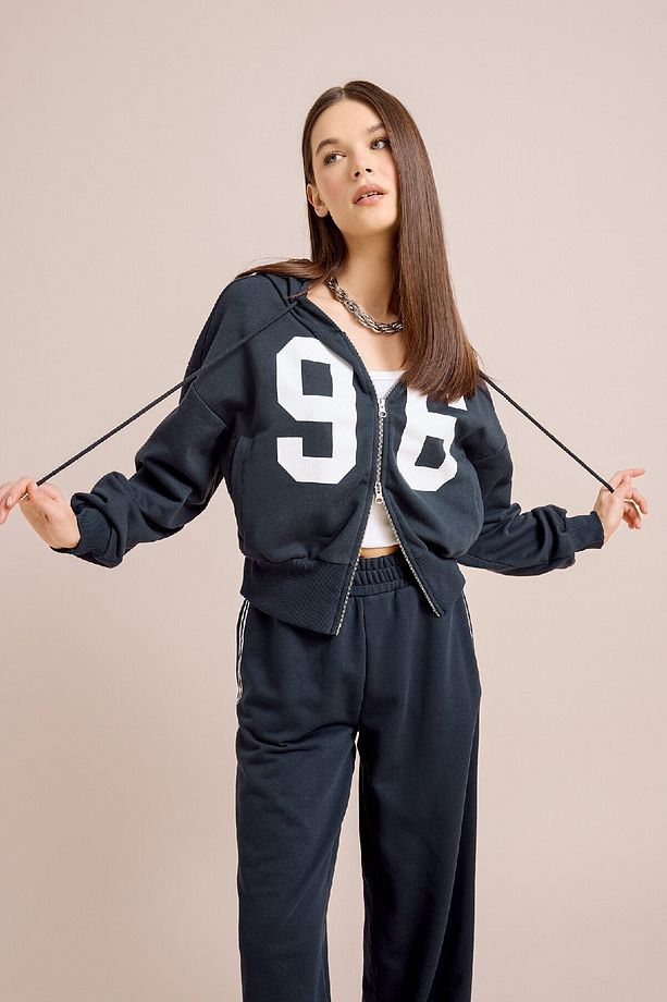Coool Oversize Geniş Kalıp Kapüşonlu Baskılı Kalın Fermuarlı Sweat Hırka E5462ax25sm - 1