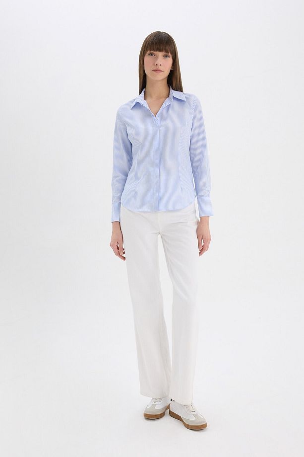 Fitted Basic Düz Poplin Uzun Kollu Gömlek D3172AX25SM - 2