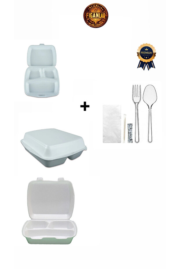 100 kişilik 3 Gözlü - 3 Bölmeli Kapaklı Köpük tabildot Strafor Tabak seti lüks çatal + kaşık seti - 2