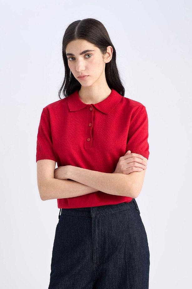 Regular Fit Polo Yaka Basic Düz  Kısa Kollu Kırmızı Triko Kazak E3670AX25SM - 3