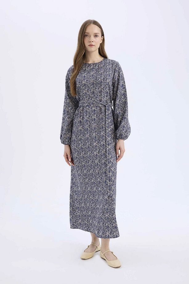 Regular Fit Bisiklet Yaka Desenli Kuşaklı Uzun Kollu Maxi Elbise E5247AX25SP - 3