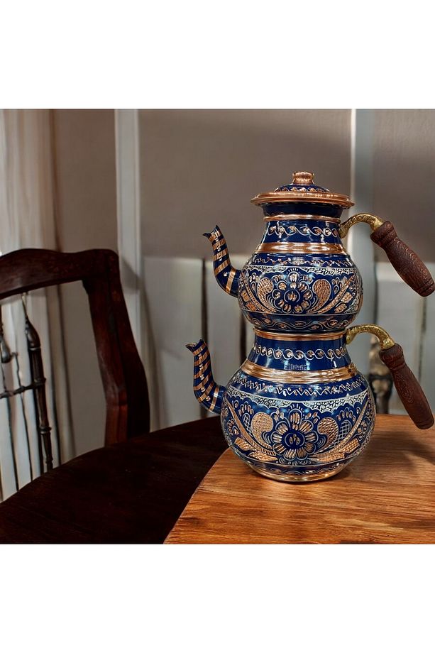 Bakır Çaydanlık Bakır Mavi Çaydanlık Bakır Demlik Mavi Bakır Demlik İşlemeli Demlik - 6
