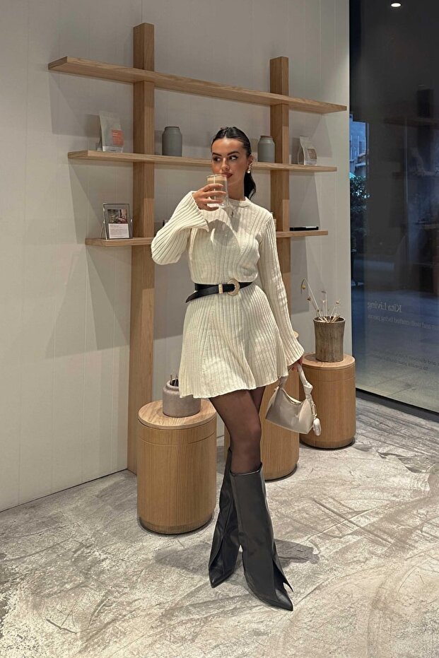 Taş - Bisiklet Yaka Kısa Triko Elbise - 3