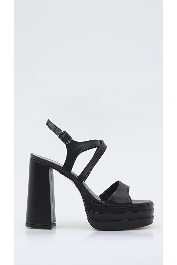 SİYAH CİLT TEK BANT ÇAPRAZ AÇIK ARKA ÇİFT PLATFORM ABİYE AYAKKABI 12CM - 5
