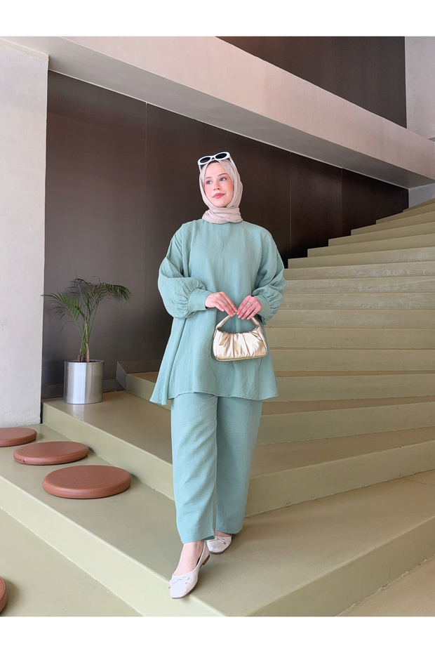 Çağla Green Loose Suit with Muslin Trousers