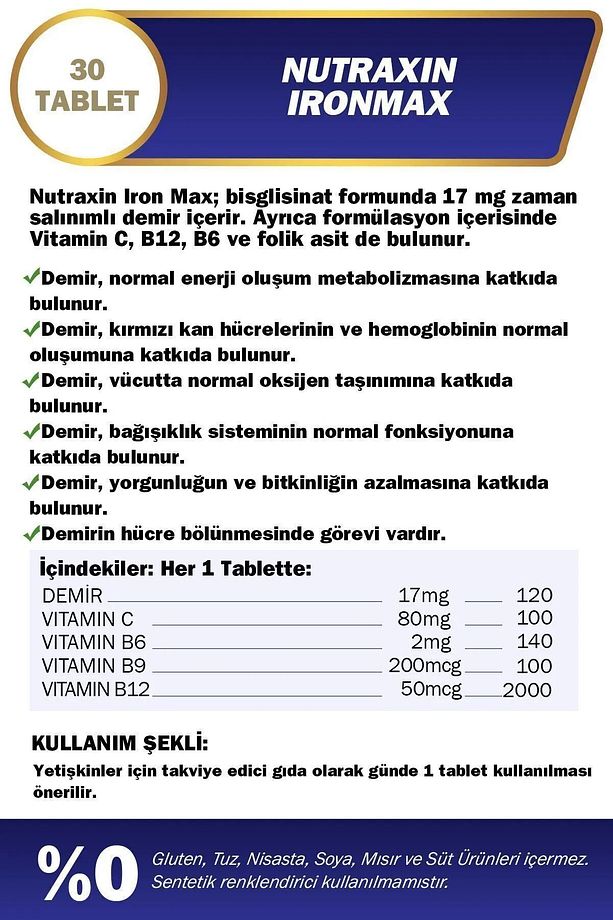 Iron Max 17 Mg 30 Tablet, 4 'lü Set - Demir, C Vitamini, B6 Vitamini, Folik Asit, B12 - 7