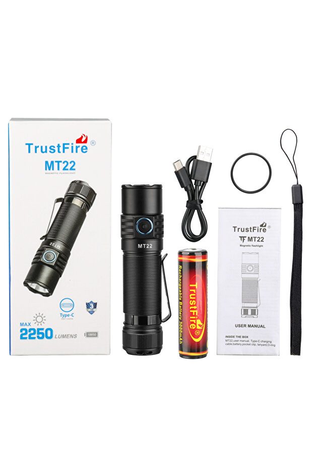 مصباح يدوي LED قابل لإعادة الشحن Trustfire MT22 EDC 2250Lume ببطارية ليثيوم 18650 بتركيز ثابت باللون الأسود والأزرق