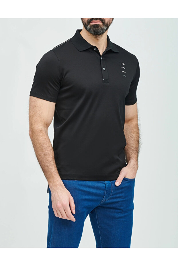 Men's Regular Fit Stripe Pattern on the Shoulders Short Sleeve Cotton Black Polo Neck T-Shirt 25411300 -011