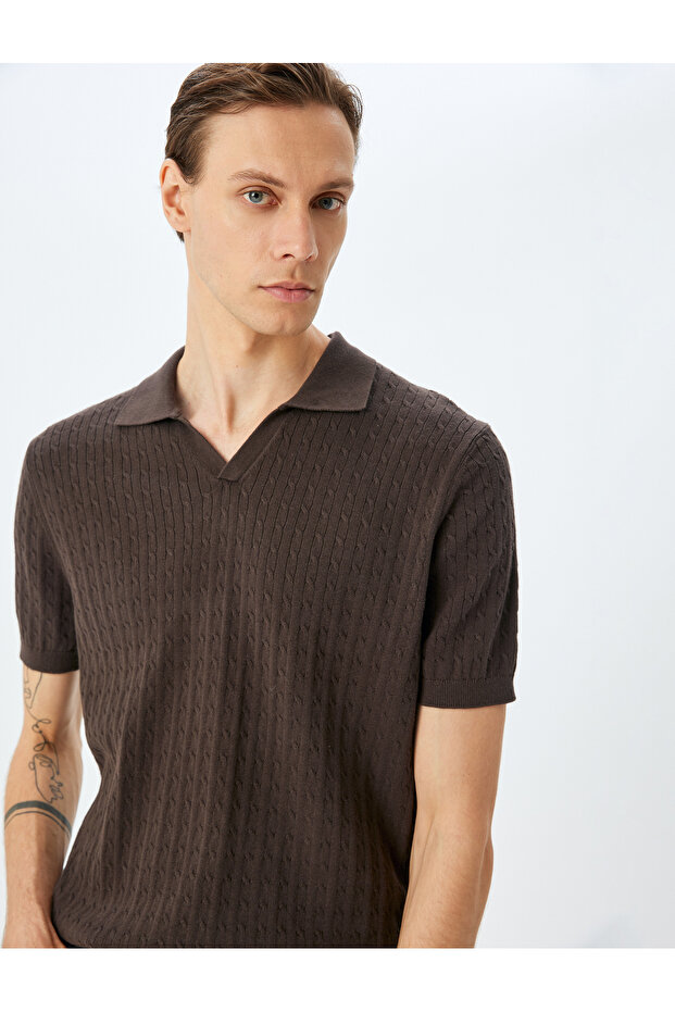 Short Sleeve Cotton Hair Braid Textured Polo Neck Knitwear T-Shirt