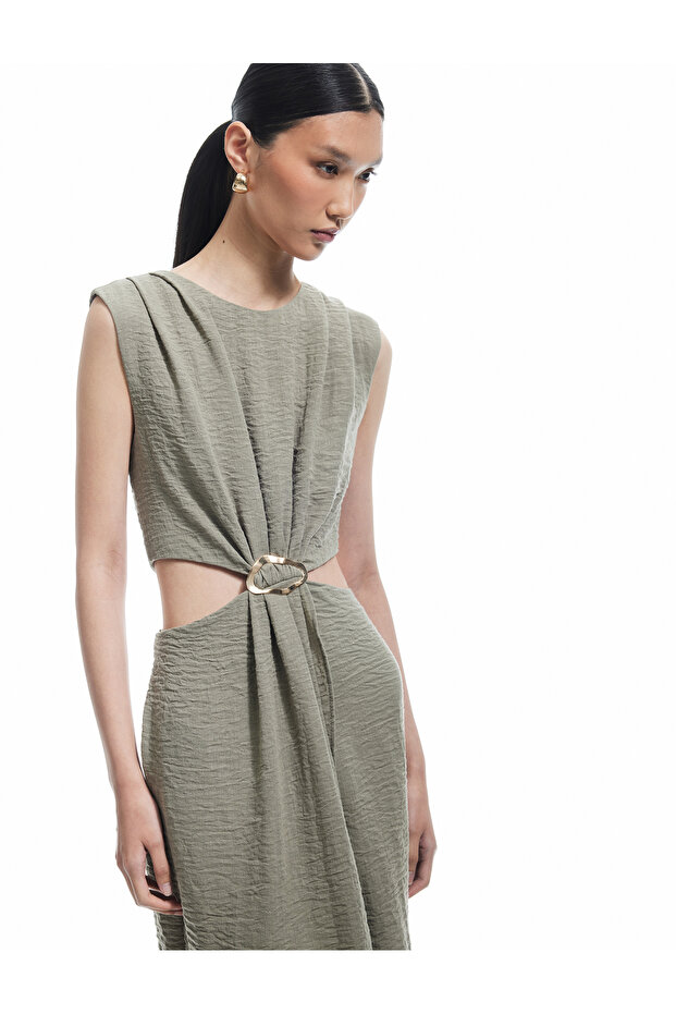 Textured Accessories Round Neck Window Detail Sleeveless Dress