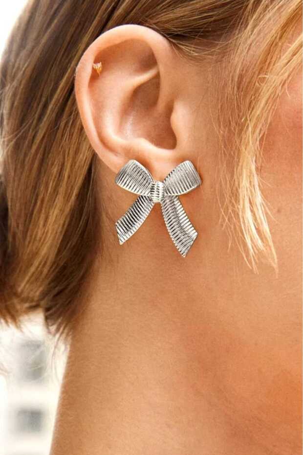 Striped Bow Silver Color Women's Earrings